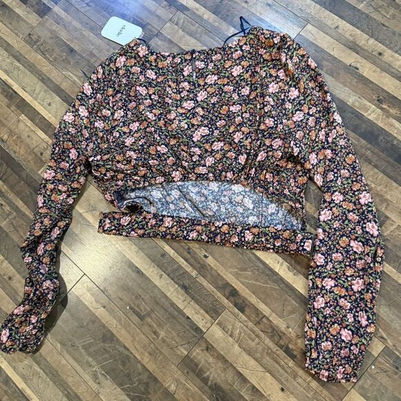 Elodie Floral Print Balloon Sleeve Blouse Navy Pink Romantic Top Size‎ L - Picture 6 of 8